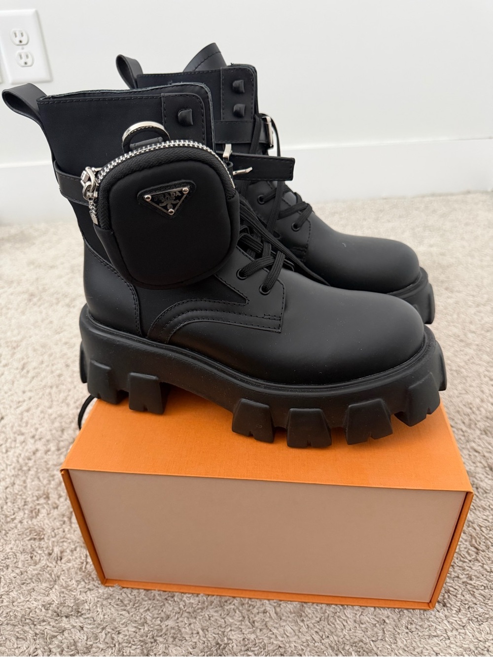 Black Lug-Sole Combat Boots with Removable Pouch